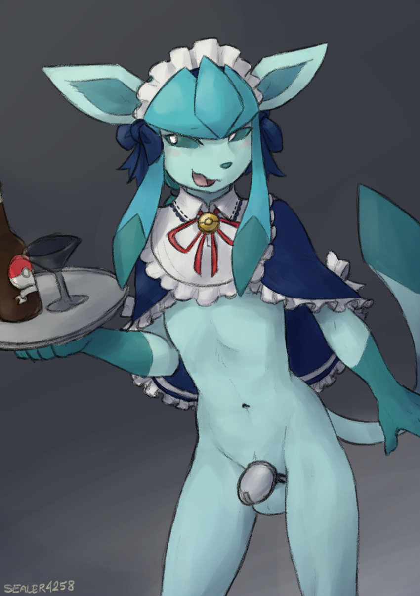 absurd_res anthro anthro_only balls biped blue_body blush chastity_cage chastity_device eeveelution femboy gay generation_4_pokemon genitals glaceon hi_res maid maid_headdress male male_only navel nintendo open_mouth open_smile pokemon pokemon_(species) sealer4258 sealer_(sealer4258) smile solo tail