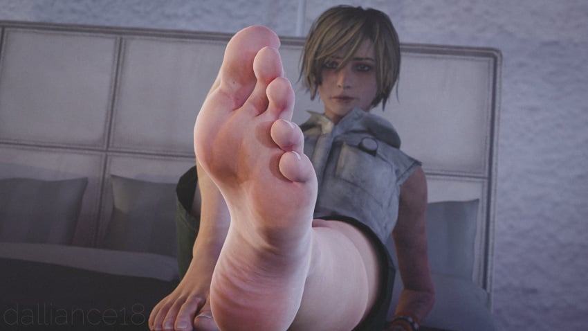 3d 3d_(artwork) bed blonde_hair dalliance18 feet female foot_fetish foot_focus full_color fully_clothed heather_mason laying_down no_penetration silent_hill silent_hill_3 solo solo_female tagme