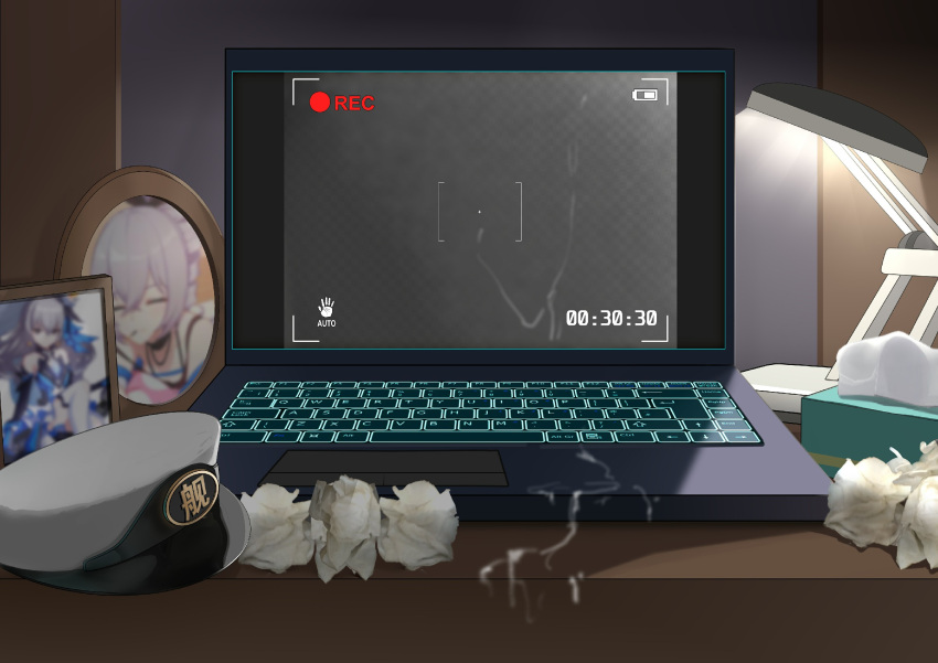 bronya_zaychik bronya_zaychik_(herrscher_of_reason) cheating computer cum desk desk_lamp hat highres honkai_(series) honkai_impact_3rd lamp laptop netorare no_humans ntr peaked_cap photo_(object) portrait_(object) pov tissue_box used_tissue viewfinder yomigaeru