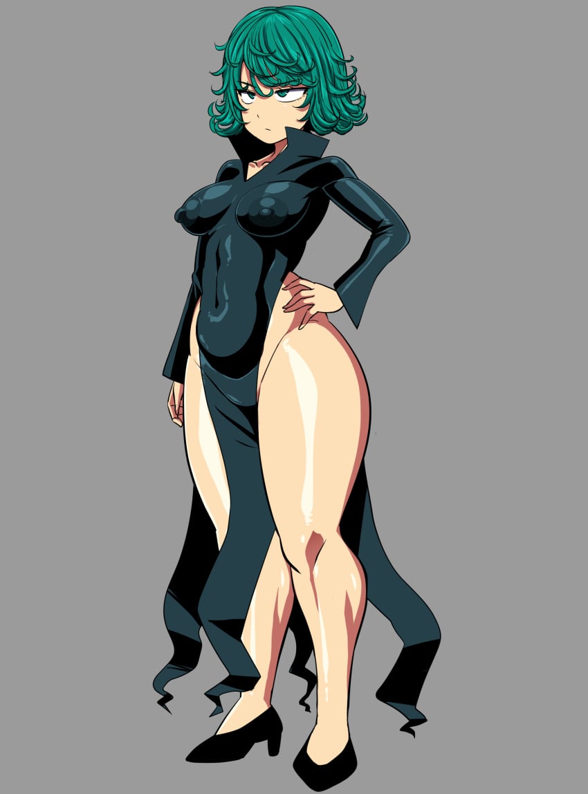 1girls amazon_(taitaitaira) black_dress breasts curly_hair curvy curvy_body female female_only green_eyes green_hair grey_background medium_breasts nipple_bulge nipple_outline nipples no_bra no_panties one-punch_man shadow solo tatsumaki thick thick_body thick_thighs tight_clothing tight_fit