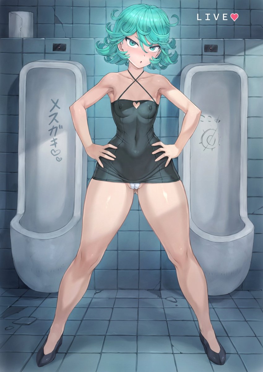 1girls alternate_costume alternate_version_available bare_legs blush breasts cameltoe clothing dress erect_nipples female female_focus footwear full_body green_eyes green_hair hair hands_on_hips high_heels hips legs mogudan nipple_bulge one-punch_man panties public_bathroom recording short_dress short_hair solo_focus tatsumaki thick_thighs thighs white_panties wide_hips