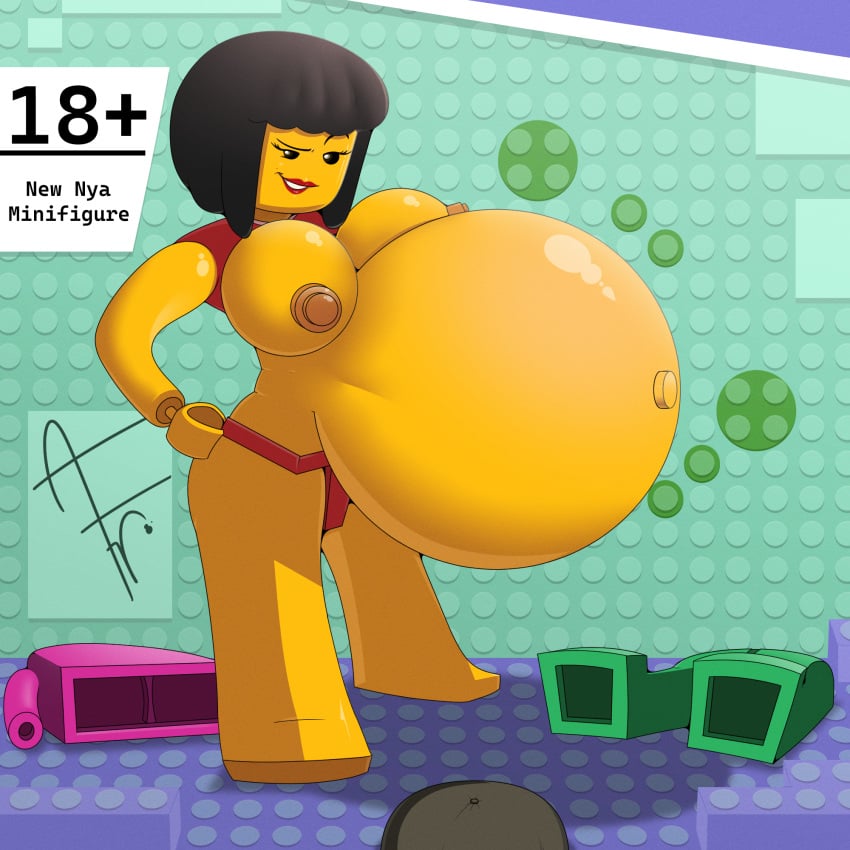 1girls afraart big_breasts black_hair breasts digestion discarded_clothing female female_focus female_only lego lego_minifigure ninjago nya_(ninjago) oral_vore popped_navel post_digestion soft_vore solo solo_female solo_focus topless topless_female toy toy_girl vore vore_belly yellow_skin