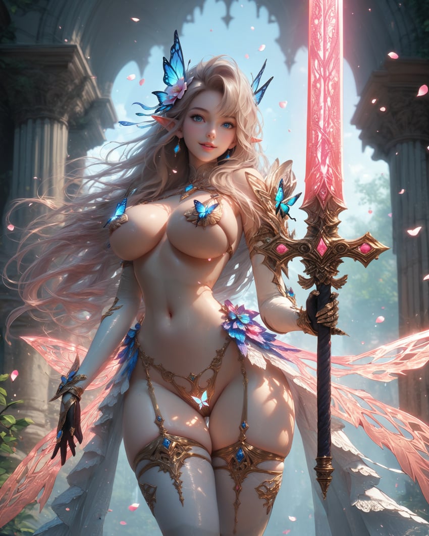 ai_generated armor armorphiss big_breasts blade blonde_hair breasts butterfly butterfly_hair_ornament earrings elf elf_ears elf_female fantasy floating_hair knight magic micro_bikini necklace royal skimpy_clothes skirt smile sword