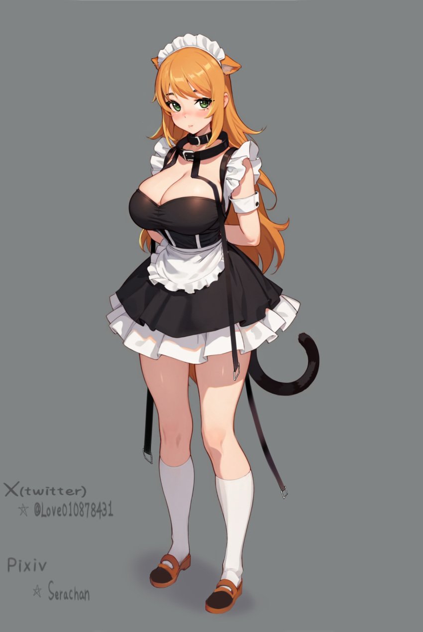 animal_ears belt_around_neck big big_breasts bondage collar female female_only green_eyes maid maid_headdress maid_uniform serachan sex_slave slave slavegirl