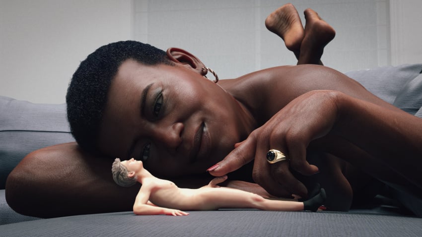 3d 3d_(artwork) bigger_female bigiolax black_skin dark_skin extreme_size_difference feet giantess interracial mature mature_female milf nail_polish older_female red_nails ring size_difference smaller_male teasing touching_penis wrinkled_feet