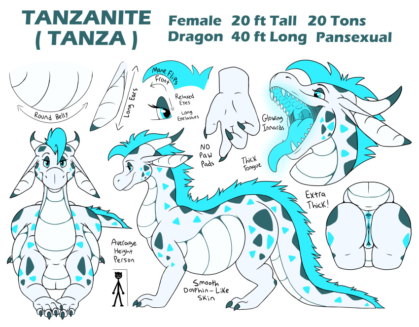 2019 4_fingers anus belly big_belly black_claws blue_eyes blue_mane blue_tongue claws dragon english_text female feral fingers fur genitals heavy hi_res mane model_sheet pussy scales size_difference solo tanzanite tanzanite_(character) text thick_body thick_thighs toes tongue white_body white_scales