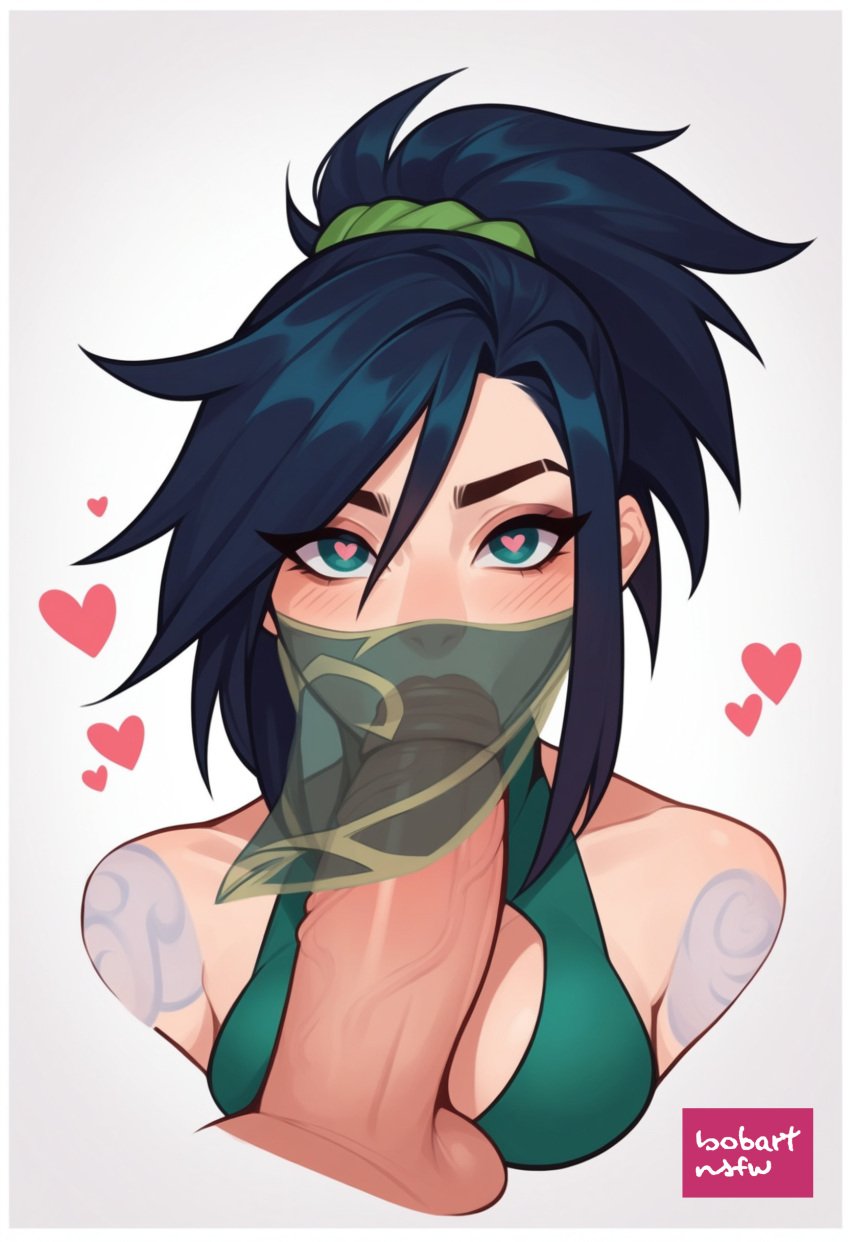 ai_generated akali akali_jhomen_tethi balls bangs bare_shoulders black_hair blowjob blowjob_under_mask blush blushing_at_viewer bobartnsfw cleavage_cutout crop_top fellatio fellatio_under_mask fellatio_under_veil green_scrunchie hair_between_eyes hair_scrunchie heart heart-shaped_pupils hearts_around_head huge_cock large_penis league_of_legends league_of_legends:_wild_rift mask masked medium_breasts ninja ninja_mask ponytail scrunchie short_hair shoulder_tattoo simple_background stable_diffusion symbol-shaped_pupils tattoo testicles transparent_clothing veil watermark