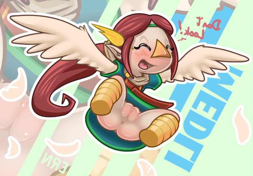 1girls alone anus ass avian background big_ass big_butt big_thighs bird bottomless breasts butt_crack colored colored_background dress female female_focus female_only flying humanoid laughing long_hair medli mirrored no_panties open_mouth pale pale_skin pussy red_hair skirt solo teeth the_legend_of_zelda the_wind_waker thick_thighs thighs tongue upskirt vagina wet_pussy wind_waker young