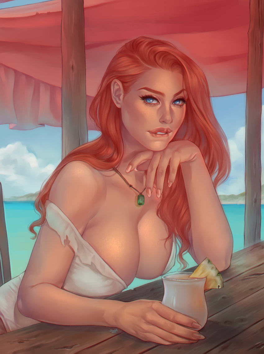 1girls absurdres beach big_breasts biting_lip blue_eyes breasts cleavage female female_only ginger_hair highres large_breasts long_hair looking_at_viewer othalam outdoor outdoors outside red_hair solo