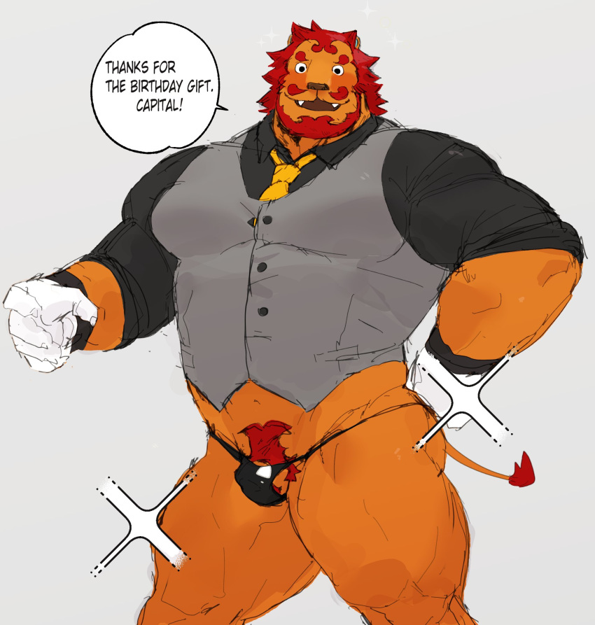 1boy 2020 animal_crossing anthro ass balls beard biceps blush clothed clothing dress_shirt english_text facial_hair felid flaccid genitals gloves handwear hi_res lion looking_at_viewer male male_only mammal moustache muscular muscular_anthro muscular_male navel necktie nintendo pantherine pecs penis penis_base pubes rory_(animal_crossing) shirt skimpy small_balls small_penis smile solo sparkles speech_bubble text thong topwear tora_gy underwear video_games