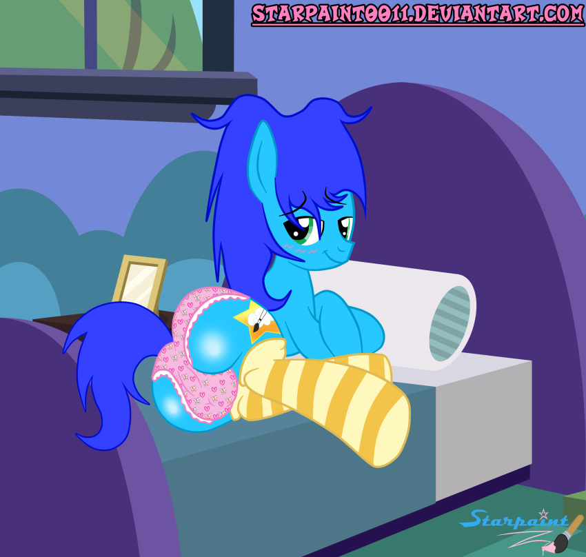 absurd_res ass bed blush bulge clothing equid equine fan_character footwear furniture girly hasbro hi_res horse legwear male mammal my_little_pony pony semi-anthro signature smile socks solo starpaint0011 thigh_highs underwear