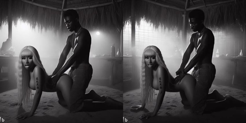 ai_generated artist_request black_and_white celebrity clothed clothed_male clothed_male_nude_female dall-e3 dark-skinned_female dark-skinned_male dark_skin doggy_style female large_ass large_breasts male monochrome naked nicki_minaj nude nude_female nude_male very_dark-skinned_male