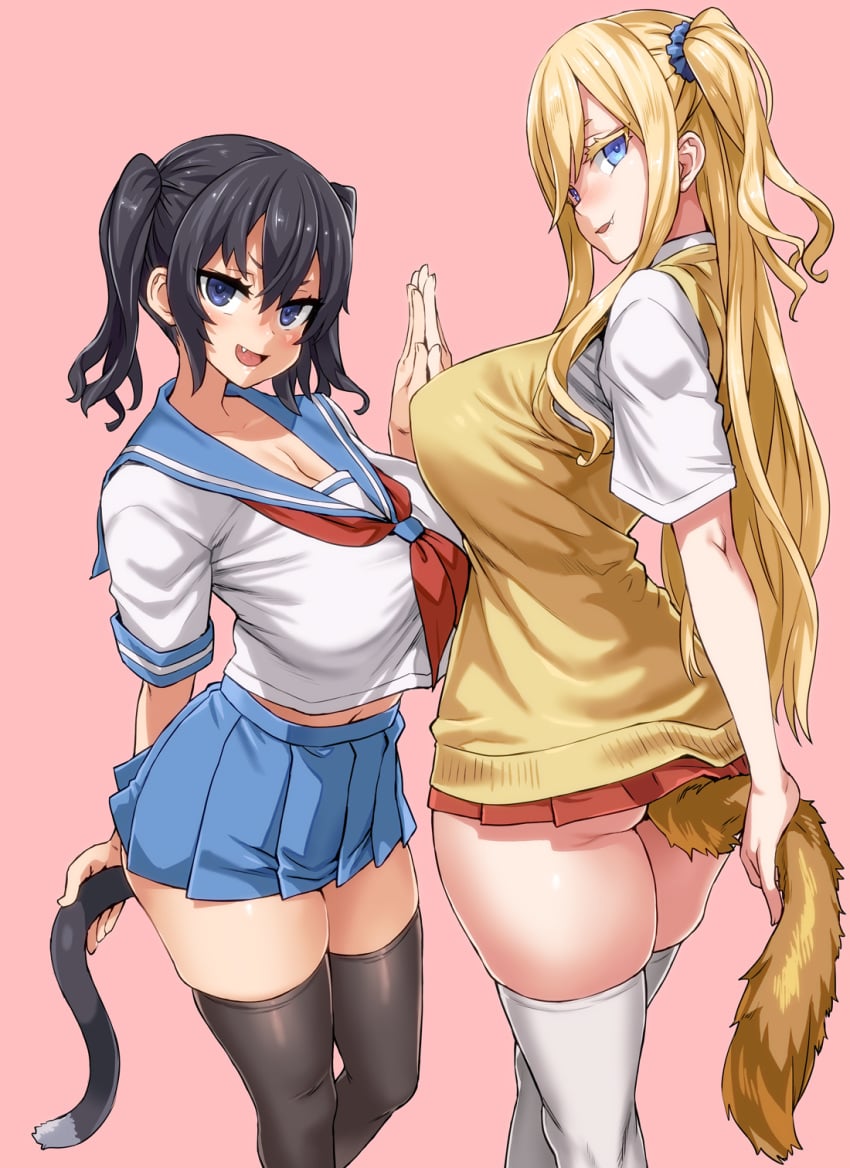 2girls animal_tail asanagi ass big_breasts black_hair black_legwear black_tail black_thighhighs blonde_hair blue_eyes blue_skirt buttplug_tail cat_tail cropped_legs cute_fang dark_blue_eyes dark_hair dipstick_tail dog_tail fangs height_difference huge_breasts long_hair looking_at_viewer midriff miniskirt multiple_girls open_mouth original pink_background pleated_skirt sailor_collar sailor_uniform school_uniform schoolgirl shiny_hair short_sleeves side_ponytail skindentation skirt thick_thighs thighhighs tied_hair twintails victim_girls white_legwear white_thighhighs yellow_tail