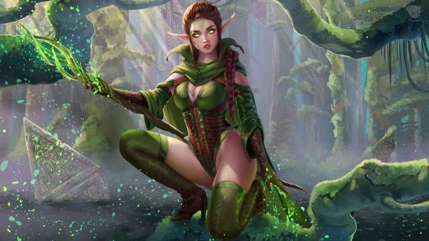 16:9 16:9_aspect_ratio 1girls big_breasts braided_hair breasts brown_hair cleavage cloak clothed clothing elf elf_ears elf_female forest glowing glowing_eyes green_eyes magic magic_the_gathering magic_user nissa_revane pointy_ears prywinko staff thigh_boots wallpaper