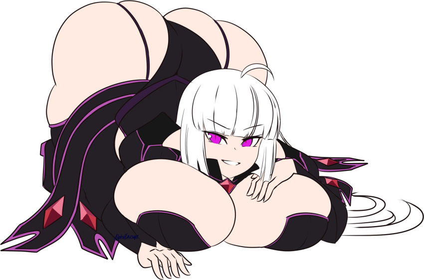 1girls alphaerasure ass breasts calamity_(alphaerasure) chubby chubby_female clothed demon_girl female female_only gigantic_ass huge_ass huge_breasts laying_down looking_at_viewer purple_eyes slightly_chubby stockings thick_thighs tight_clothing white_hair wide_hips