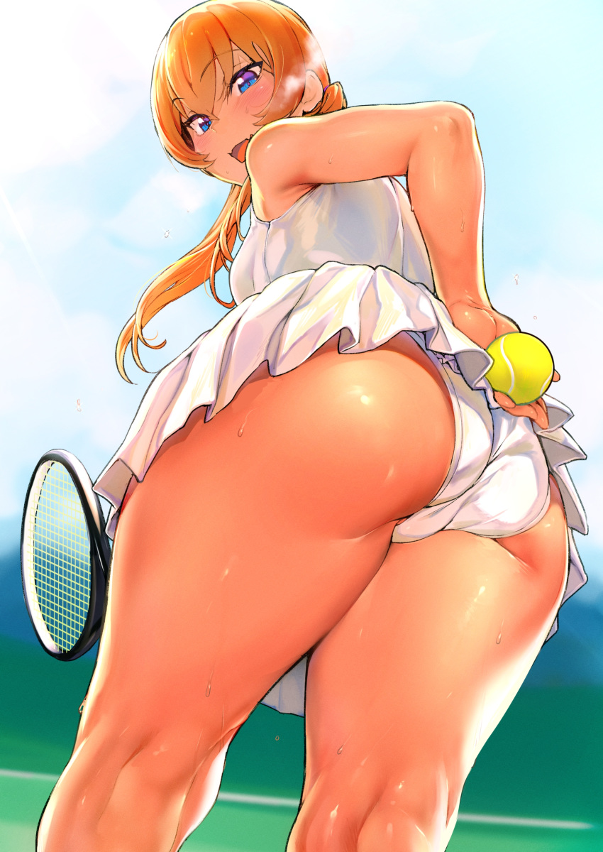 1girls absurdres ass big_ass female from_behind highres hinnyuu-chan_(iku) huge_ass iku_(ikuchan_kaoru) miniskirt original panties small_breasts solo sweat tennis tennis_ball tennis_court tennis_racket tennis_uniform thick_thighs thighs upskirt white_panties