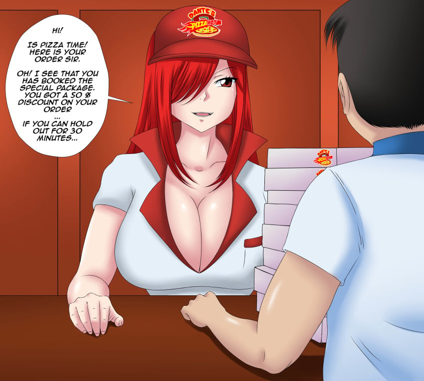 big_breasts bleedor bleedoranimation commission english_text erza_scarlet fairy_tail patreon pizza pizza_delivery red_hair