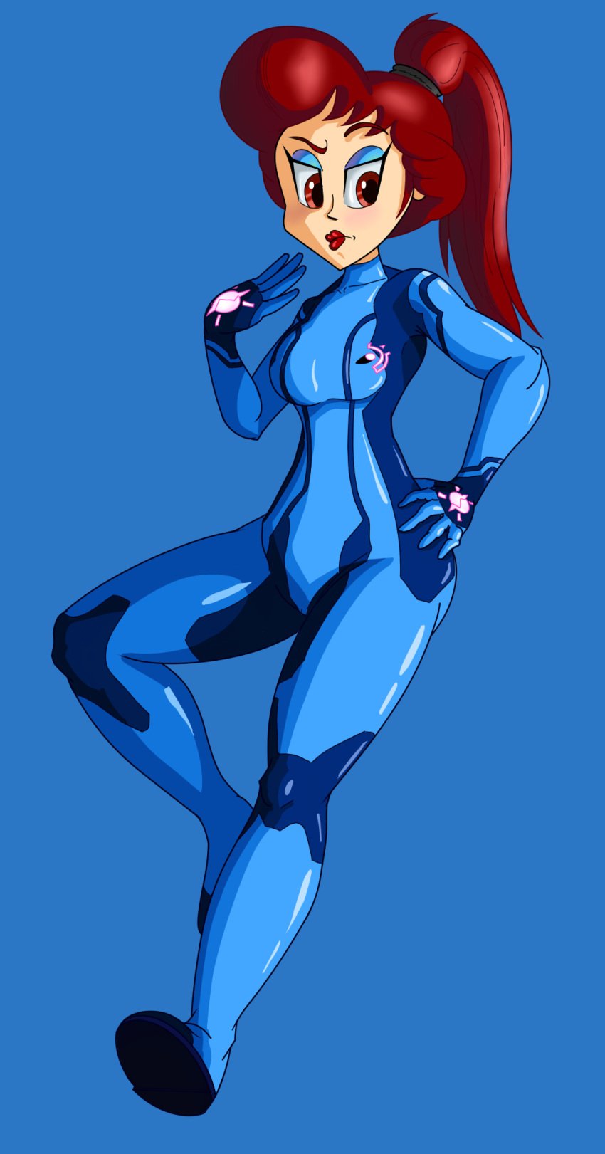 1girls blue_bodysuit bodysuit captain_syrup cosplay eyelashes eyeshadow female human long_hair mario_(series) metroid nintendo png ponytail red_eyes red_hair samus_aran_(cosplay) shiny_clothes solo tagme wario_land wildswingding zero_suit