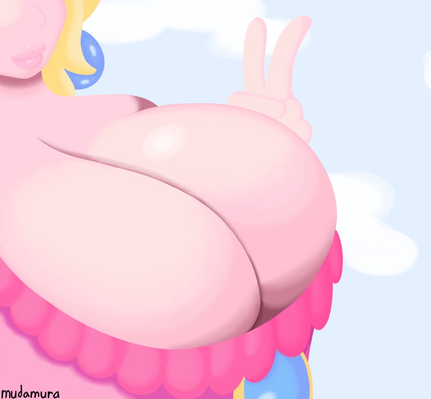 1girls absurd_res big_breasts big_lips blonde_hair breasts cleavage clothing cloud dress earrings female female_only huge_breasts mario_(series) mudamura nintendo outdoors pink_dress princess_peach sky solo super_mario_64 v