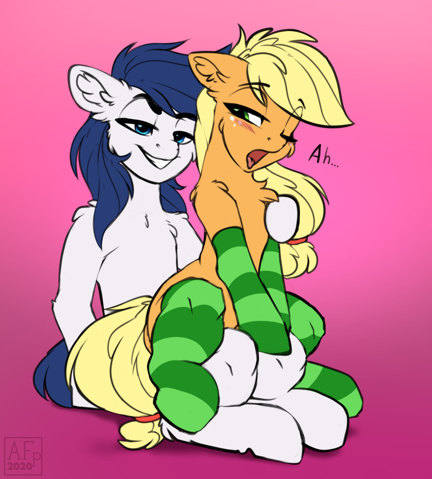 2020 absurd_res airfly-pony applejack_(mlp) armwear blonde_mane blue_eyes blue_mane blue_tail blush clothing constance_everheart duo elbow_gloves equid equine fan_character female feral footwear friendship_is_magic fur gloves green_clothing green_eyes green_legwear green_socks half-closed_eyes handwear hasbro hi_res horse legwear legwear_only looking_at_another male mammal mane moan mostly_nude my_little_pony narrowed_eyes on_bottom on_lap on_top one_eye_closed open_mouth orange_body orange_fur pattern_clothing pattern_legwear pattern_socks pink_background pony reverse_cowgirl_position sex signature simple_background sitting smile socks socks_only straight striped_clothing striped_legwear striped_socks stripes text thigh_highs tongue tongue_out white_body white_fur yellow_tail