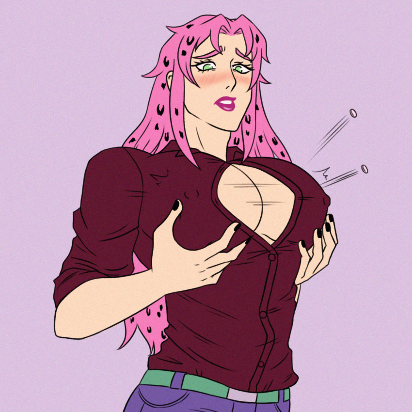 1girls big_pecs blush breast_expansion breast_growth button_pop cleavage diavolo grabbing_own_breast green_belt green_eyes holding_breast jojo's_bizarre_adventure lactating lactation lipstick patataparadaisu pec_growth pink_hair pink_lipstick purple_pants rule_63 solo vento_aureo