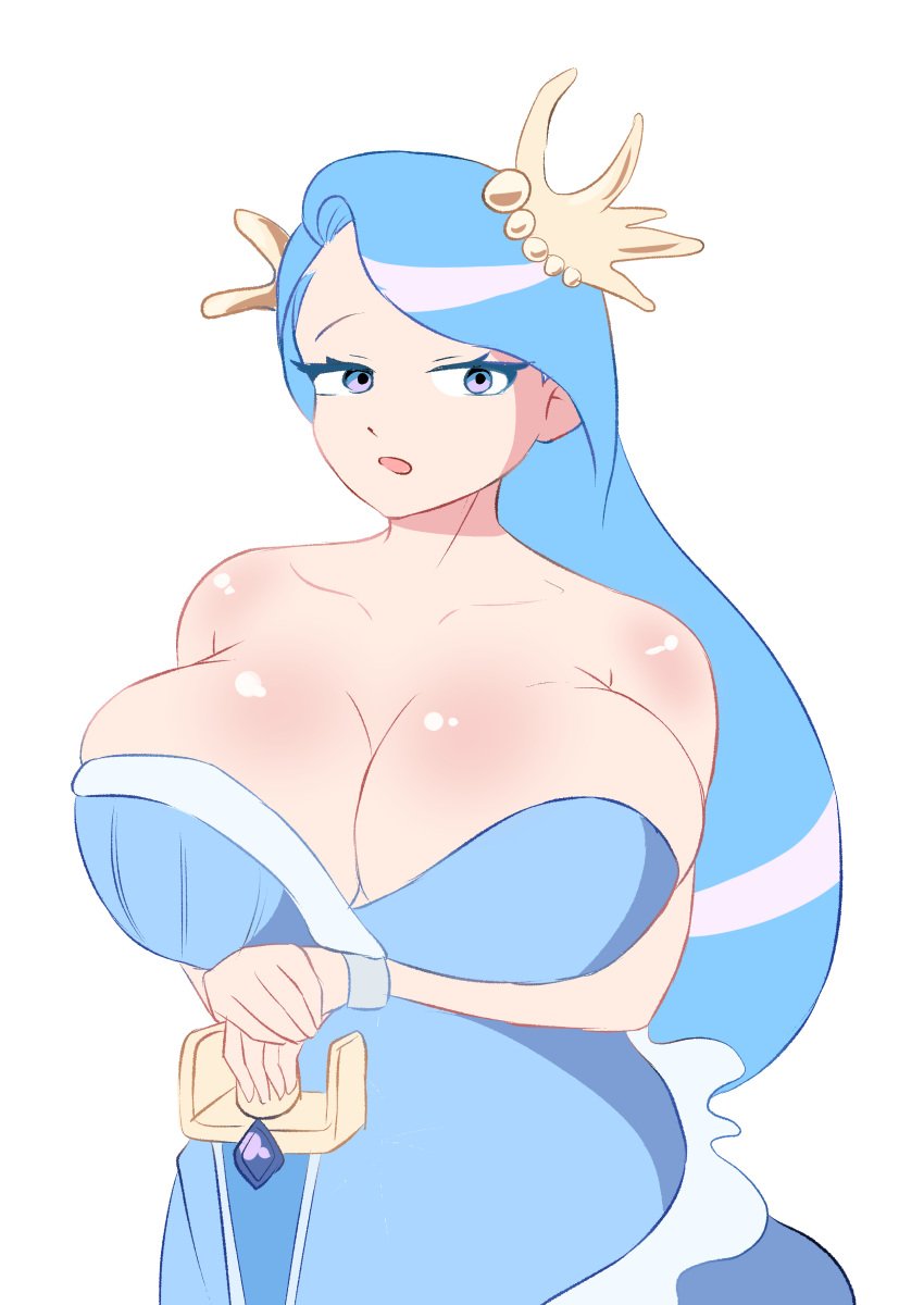 blue_dress blue_eyes blue_hair breasts cookie_run huge_breasts long_hair sea_fairy_cookie white_skin