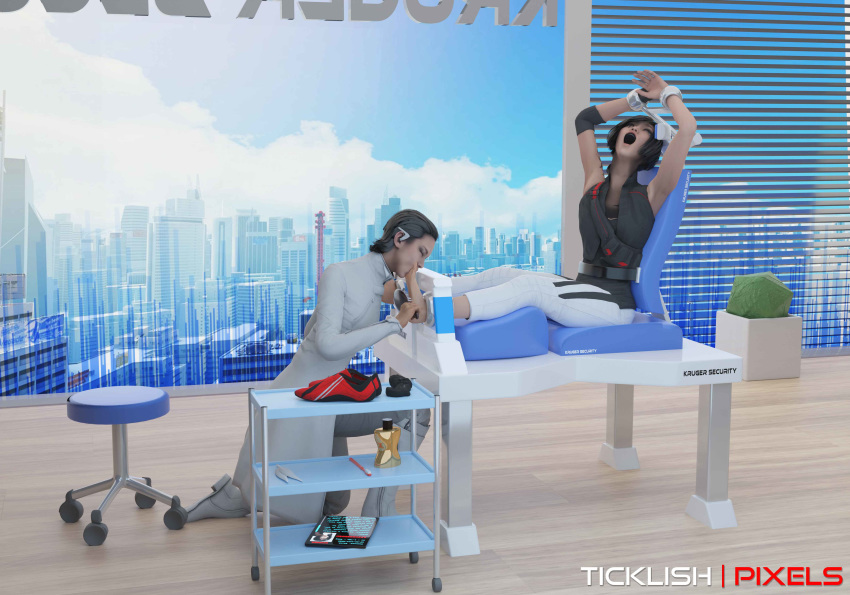 2girls 3d barefoot caitlyn_connors faith_connors faith_connors_(mirror's_edge_catalyst) feet female female_only fully_clothed hairbrush isabel_kruger mirror's_edge mirror's_edge_catalyst tickling ticklishpixels toes_sucking