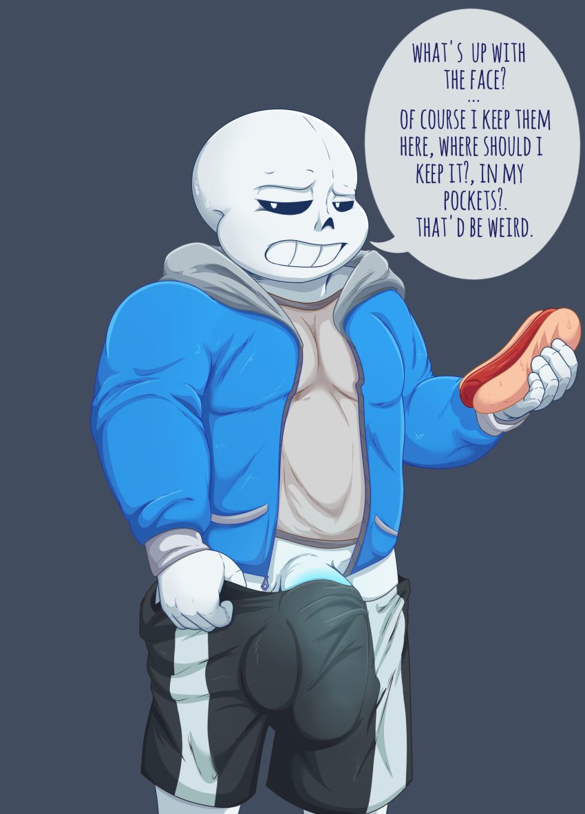 2020 5_fingers absurd_res animated_skeleton anterior_nasal_aperture big_bulge big_penis blue_clothing blue_hoodie blue_topwear bone bottomwear bulge clenched_teeth clothing dialogue english_text fingers food genital_outline genitals grey_background hi_res holding_object hoodie hot_dog humanoid male male_only meat mkcrown narrowed_eyes penis penis_outline sans sausage shorts shorts_pull simple_background skeleton solo solo_male standing teeth text topwear undead undertale video_games