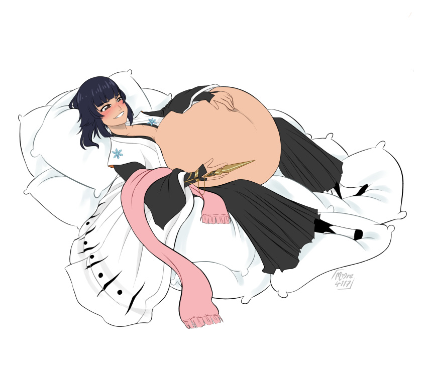 big_belly black_clothes black_hair bleach blush breasts cleavage clothing digestion inoue_orihime japanese_clothes knife laying_on_bed m0re4117 pillows short_hair smiling socks soifon vore white_background