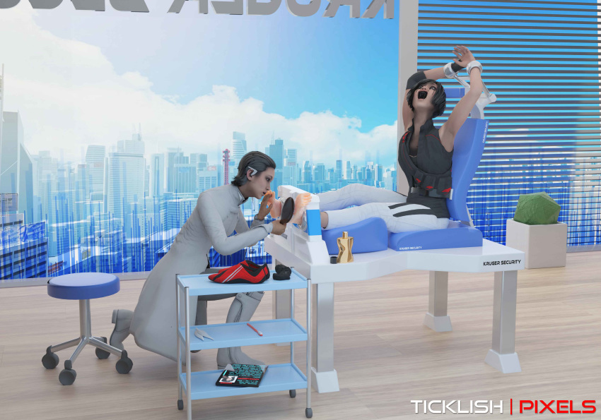 2girls 3d caitlyn_connors faith_connors faith_connors_(mirror's_edge_catalyst) feet female female_only fully_clothed hairbrush incest isabel_kruger mirror's_edge mirror's_edge_catalyst sisters tickle_torture tickling ticklishpixels