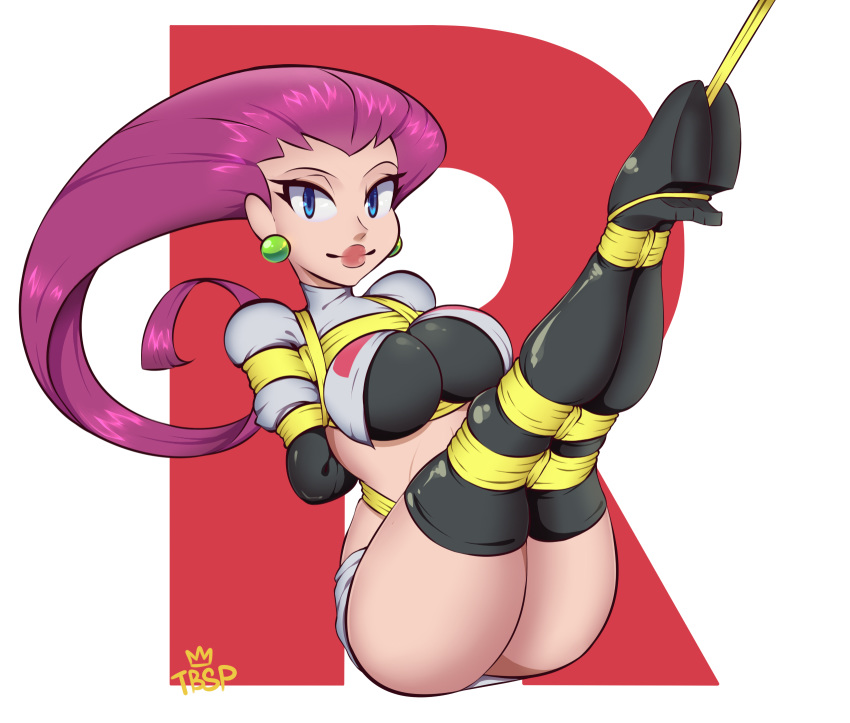 1girls ass big_ass big_breasts blue_eyes bondage boots breasts earrings eye_contact female hands_behind_back high_heel_boots jessie_(pokemon) long_hair looking_at_viewer nintendo pale-skinned_female pale_skin pokemon pokemon_rgby purple_hair red_hair solo tbsp-art team_rocket thick_lips thick_thighs thigh_boots thighs tied tied_hands