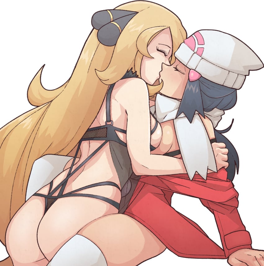 2girls age_difference alternate_breast_size ass blonde_hair blue_eyes blush breast_to_breast breasts champion closed_eyes cynthia_(pokemon) dawn_(pokemon) female female_only fumphole hair_ornament hat kissing lesbian lingerie long_hair medium_breasts nintendo pale-skinned_female pale_skin pokemon pokemon_dppt stockings thick_thighs thigh_gap thighhighs thighs undressing white_background white_legwear white_stockings white_thighhighs winter_clothes yuri