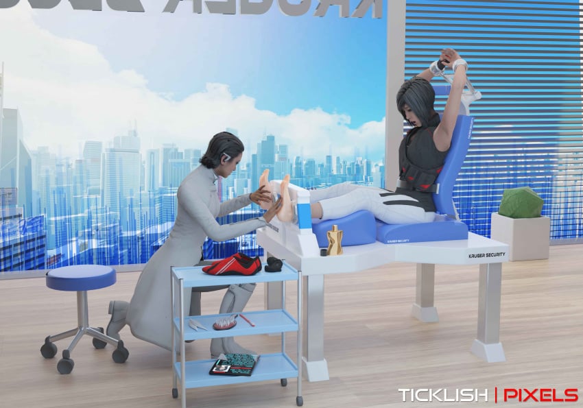 2girls 3d barefoot caitlyn_connors faith_connors faith_connors_(mirror's_edge_catalyst) feet female female_only fully_clothed isabel_kruger mirror's_edge mirror's_edge_catalyst tickling ticklishpixels