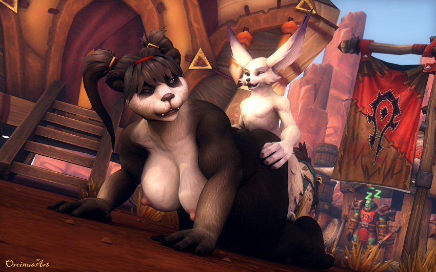 3d anthro better_version_at_source blizzard_entertainment canid canine duo female furry larger_female male mammal orcinusart pandaren size_difference smaller_male straight ursid video_games vulpera warcraft world_of_warcraft