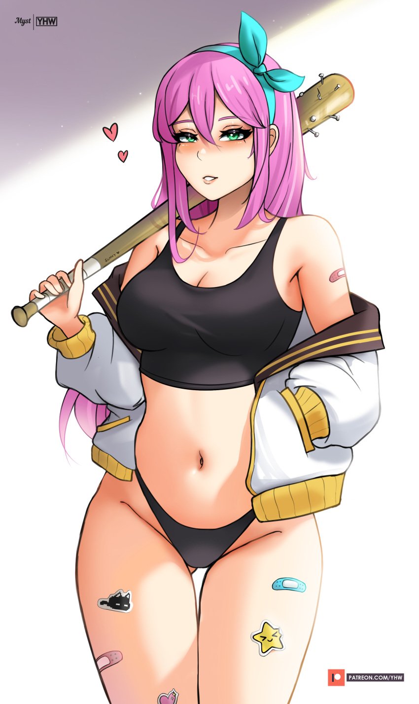 1girls aged_up aubrey_(omori) baseball_bat bat belly belly_button clothed female female_only green_eyes jacket legs looking_at_viewer myst omori panties pink_hair punk smug soft_shading solo sports_bra sticker sticker_on_body stickers sunlight tagme thick_thighs tummy yhw