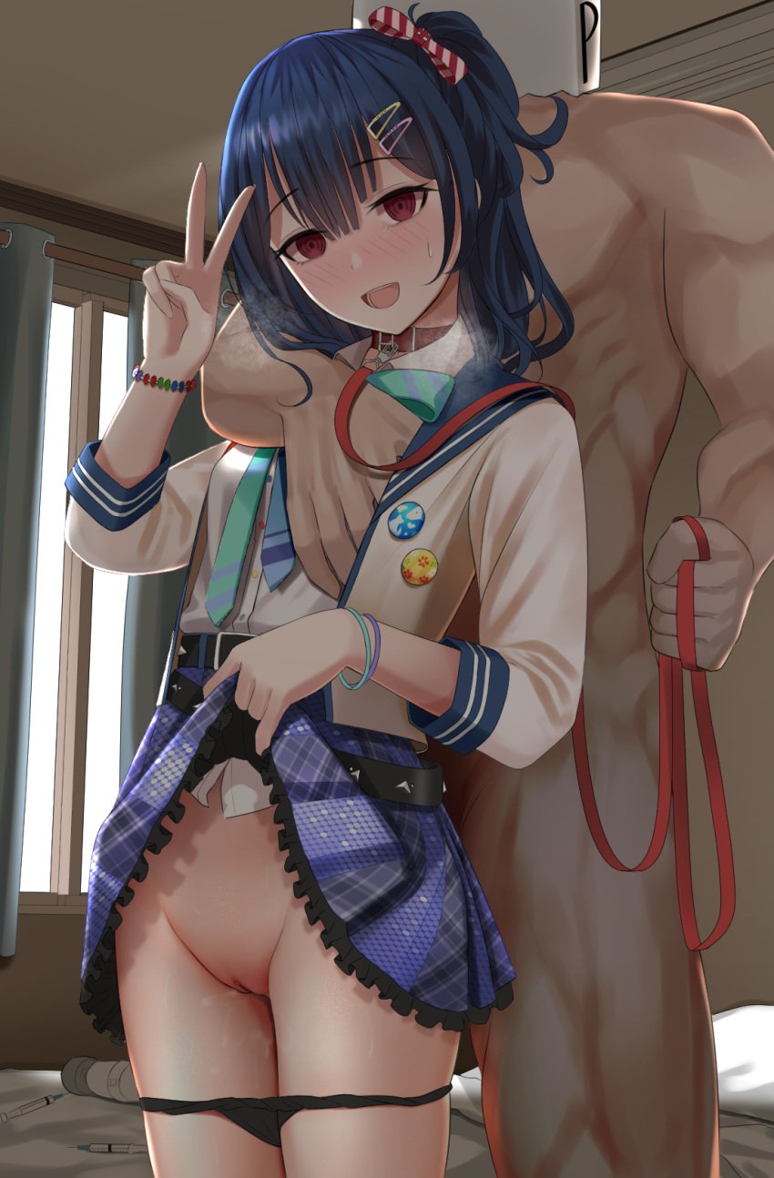 black_panties blue_skirt blush breast_grab clothing dead_eyes female from_behind idolmaster idolmaster_shiny_colors leash legs_together long_hair male morino_rinze open_mouth panties_around_thighs pantsu panty_pull producer pussy pussy_juice seifuku shirt skirt skirt_lift the_idolm@ster the_idolm@ster_shiny_colors turisasu uncensored white_shirt