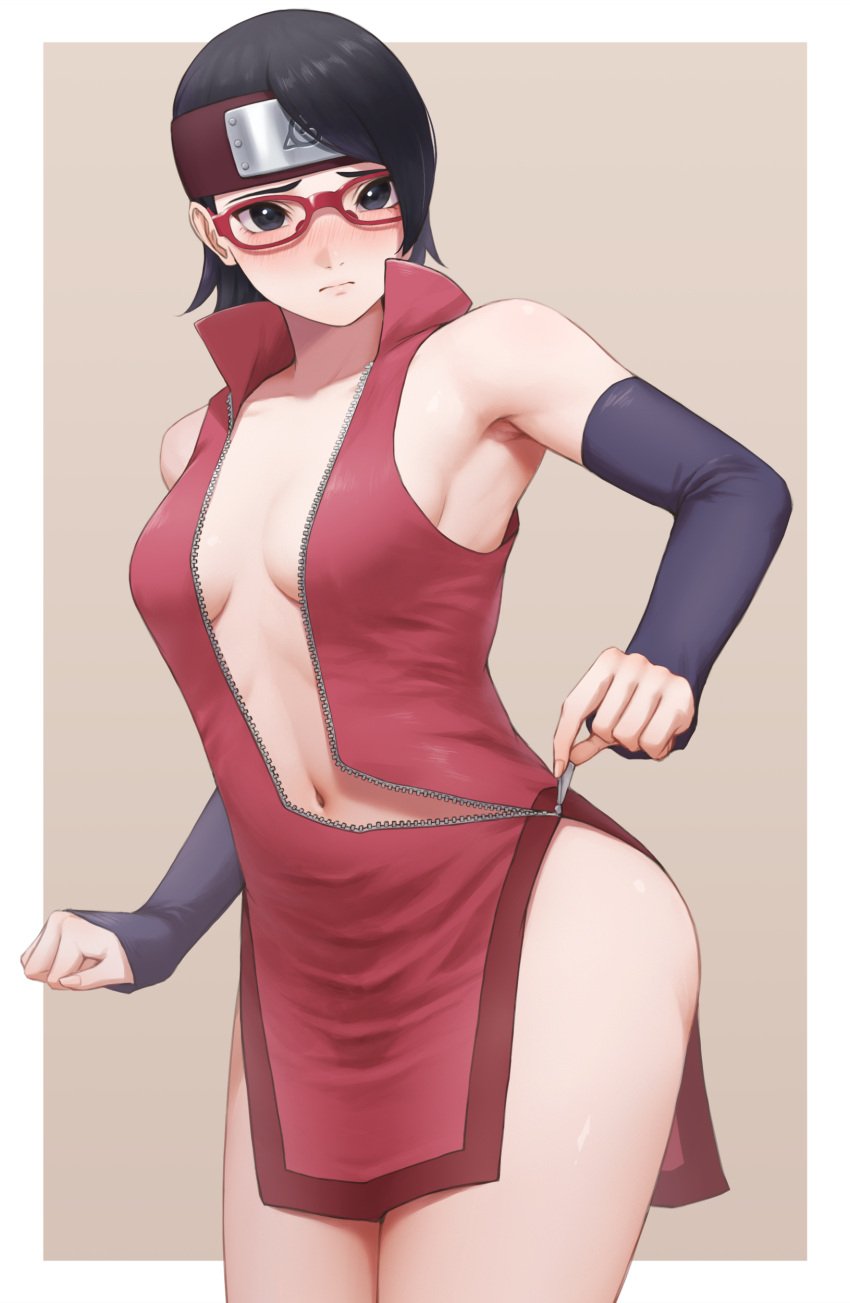 1girls black_hair blush boruto:_naruto_next_generations breasts eye_contact female glasses looking_at_viewer miru_(wvjc7832) naruto naruto_(series) revealing_clothes sarada_uchiha short_hair small_breasts solo standing thick_thighs thighs undressing unzipped