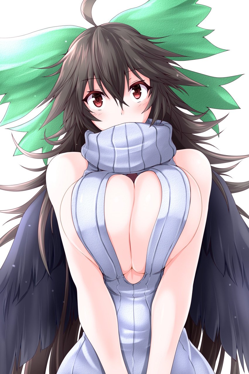 1girls 2018 absurd_res ahoge bare_arms bare_shoulders black_hair black_wings blush bow breast_squeeze breasts cleavage cleavage_cutout clothing covered_mouth cute feathered_wings feathers female female_only g_(desukingu) g_(genesis1556) green_bow hair_between_eyes hairbow head_tilt highres huge_breasts long_hair looking_at_viewer red_eyes ribbed_sweater sideboob simple_background sleeveless solo standing sweater touhou turtleneck underboob utsuho_reiuji v_arms very_long_hair virgin_killer_sweater white_background