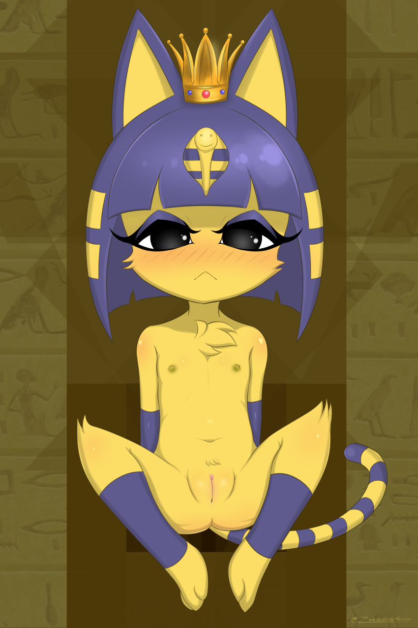 :< absurd_res animal_crossing ankha anthro black_eyes blue_body blue_fur blue_hair blush breasts crown felid feline female flat_chest fur furry furry_only genitals hair hi_res hieroglyphics mammal nintendo nude pussy small_breasts solo tail video_games yellow_body yellow_fur zionworldartist