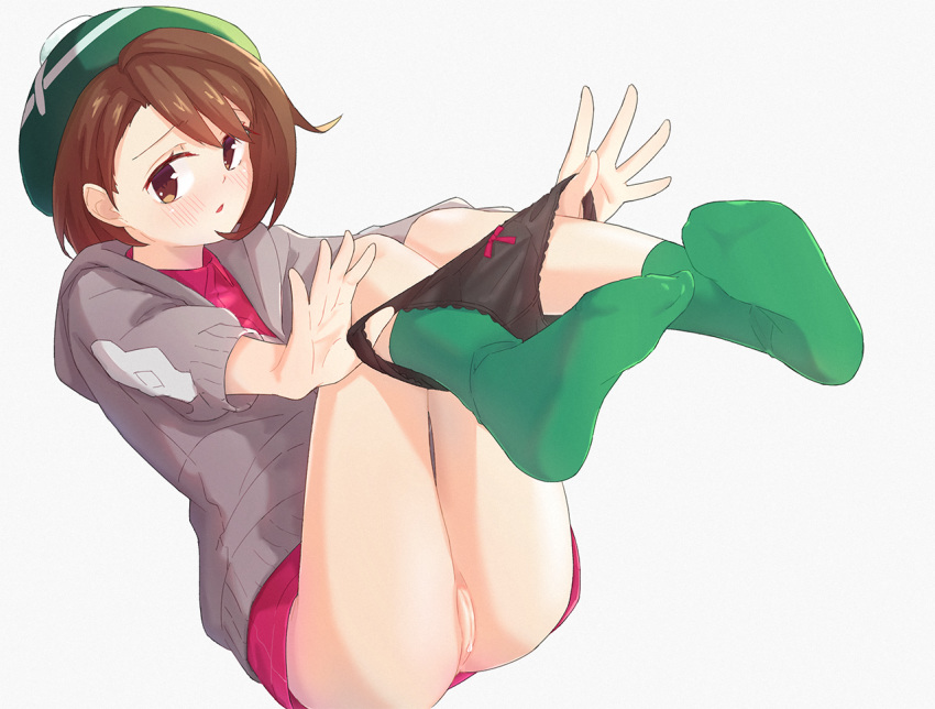 bangs black_panties blush bob_cut bow_panties brown_eyes brown_hair cardigan female gloria_(pokemon) green_headwear grey_cardigan nintendo no_shoes panties panty_pull pokemon pokemon_ss pussy short_hair socks swept_bangs underwear yayoitsukito