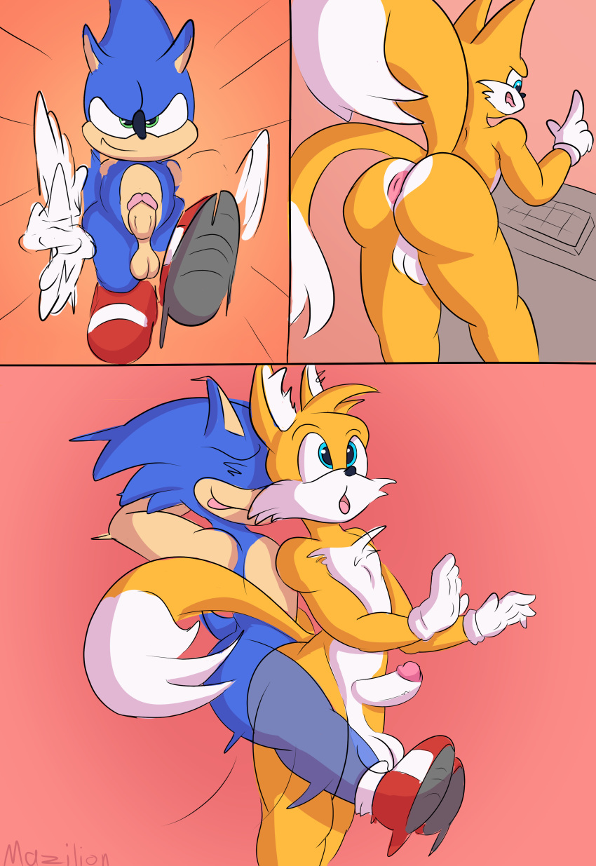 absurd_res anal anal_sex anthro canid canine comic duo eulipotyphlan femboy footwear forced fox furry_only gay handwear hedgehog hi_res male male/male male_penetrated male_penetrating male_penetrating_male mammal mazilion mostly_nude no_humans penetration sega sonic_(series) sonic_the_hedgehog sonic_the_hedgehog_(series) surprise_buttsex surprise_sex surprised_expression tails video_games