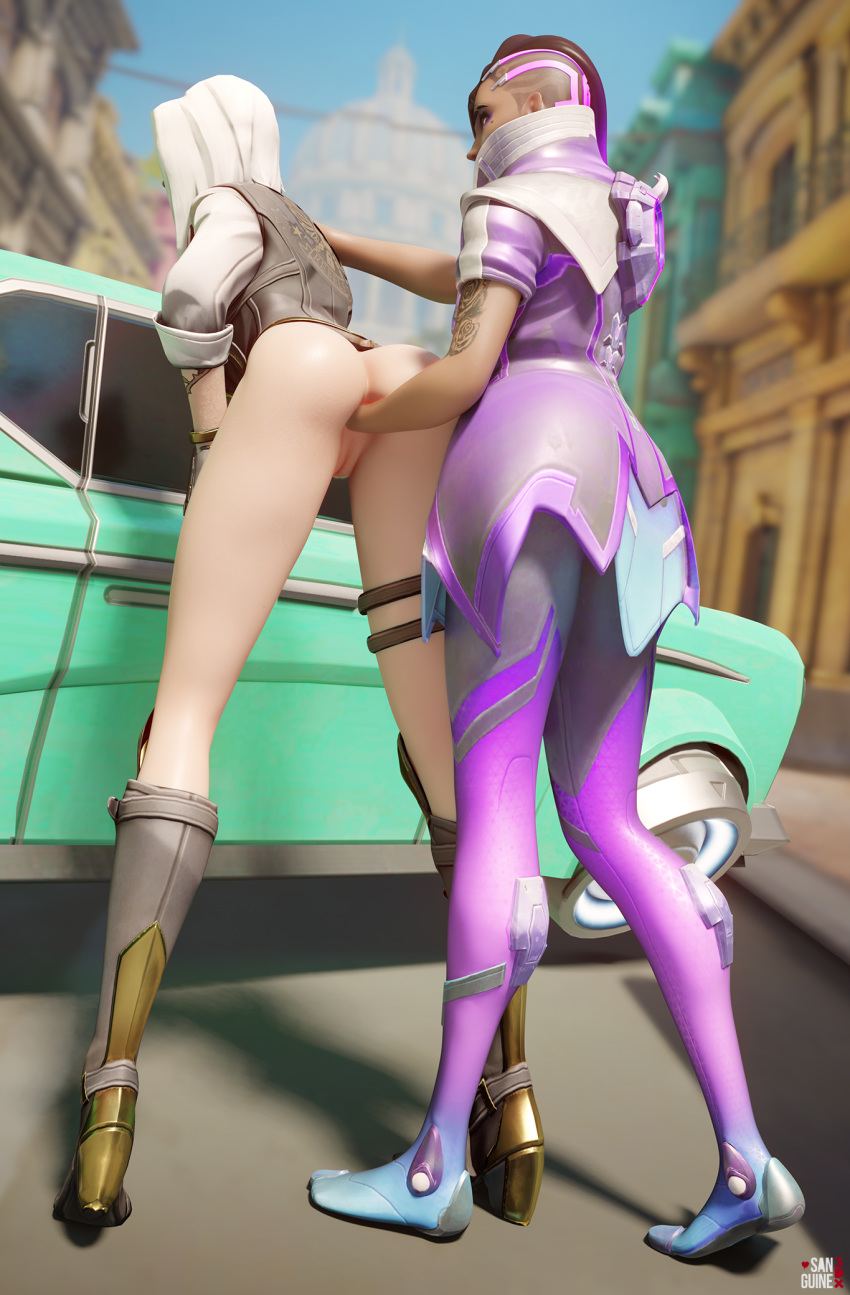 2girls 3d albino anal anal_insertion anal_penetration anal_sex ashe_(overwatch) blender blizzard_entertainment clothed clothing exposed_pussy fist fisting havana inked latina lesbian multicolored_hair overwatch purple_hair pussy rough sombra sunlight tattoo white_hair yuri