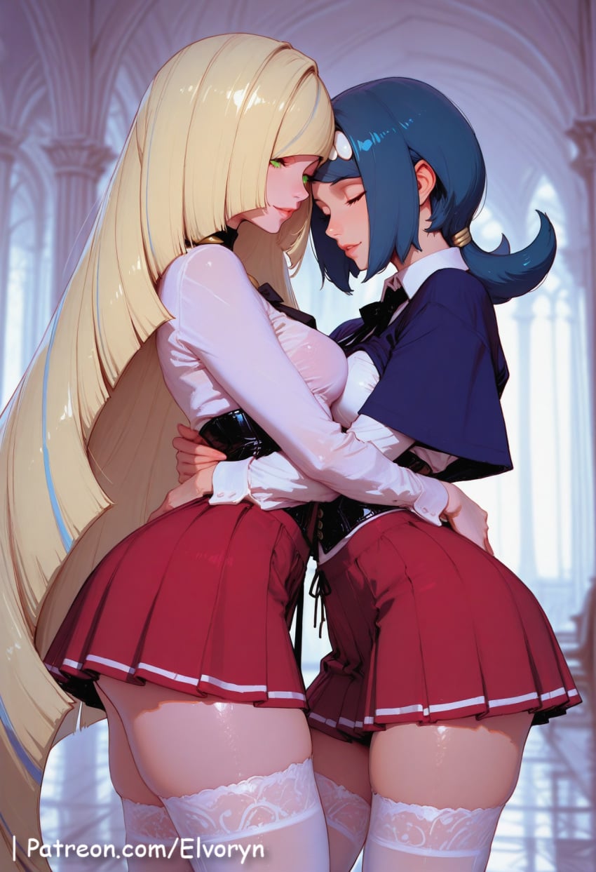 2girls ai_generated ass ass_grab big_ass big_breasts blonde_hair blue_eyes blue_hair blush breast_grab breasts closed_mouth clothes clothing cute cute_face duo female female_focus green_eyes lana's_mother_(pokemon) large_ass large_breasts light-skinned_female light_skin long_hair looking_at_viewer lusamine_(pokemon) male multiple_females multiple_girls nipples pink_nipples pokemon pussy sexy sexy_body sexy_female younger_female