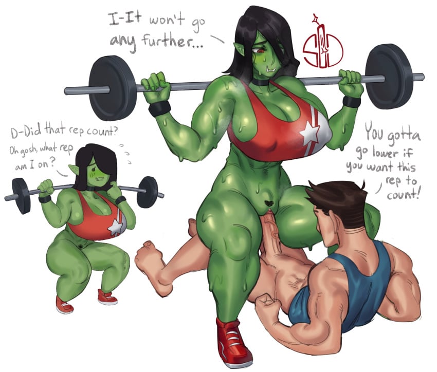 1boy 1girls barbell barefoot big_breasts big_penis black_hair brown_hair choker cleavage cowgirl_position crotch_bulge dumbbell english_text erection fangs female green-skinned_female green_skin gym_shirt heart-shaped_pubic_hair huge_cock human human_male humanoid interspecies larger_female light-skinned_male light_skin long_hair lying lying_down male male/female male_human/female_humanoid male_human/orc_female mavka_nocnitsa muscular muscular_female muscular_male orc orc_female partially_nude penetration penis pointy_ears pubic_hair red_eyes sex shoes short_hair squatting sweat sweating sweet_dynamite tank_top text vaginal_penetration veiny_penis very_high_resolution white_background workout wristband