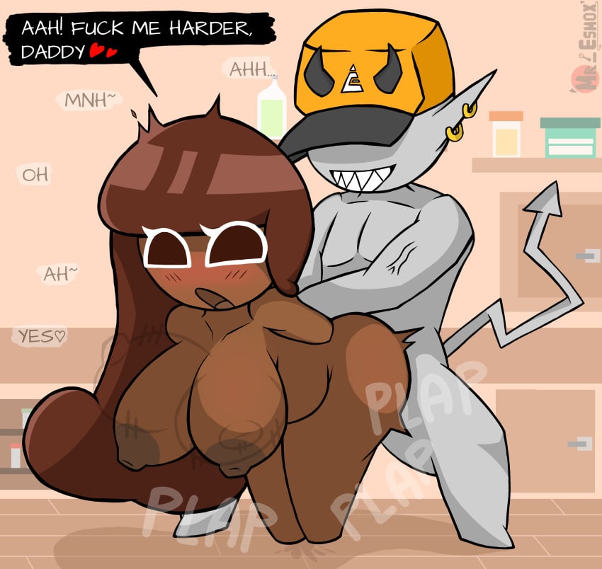 1boy 1girls 2026 ambiguous_penetration artist_signature background big_breasts breasts brown_body brown_eyes brown_hair brown_skin chubby chubby_female cocoa_cookie cookie cookie_run curvy daddy dark_areola dick digital_media_(artwork) dominant domination duo english_dialogue english_text esmox_(mr_esmox) female femsub from_behind genitals hat male male/female male_penetrating maledom mr_esmox onomatopoeia penis self_insert sex tagme text vaginal_fluids