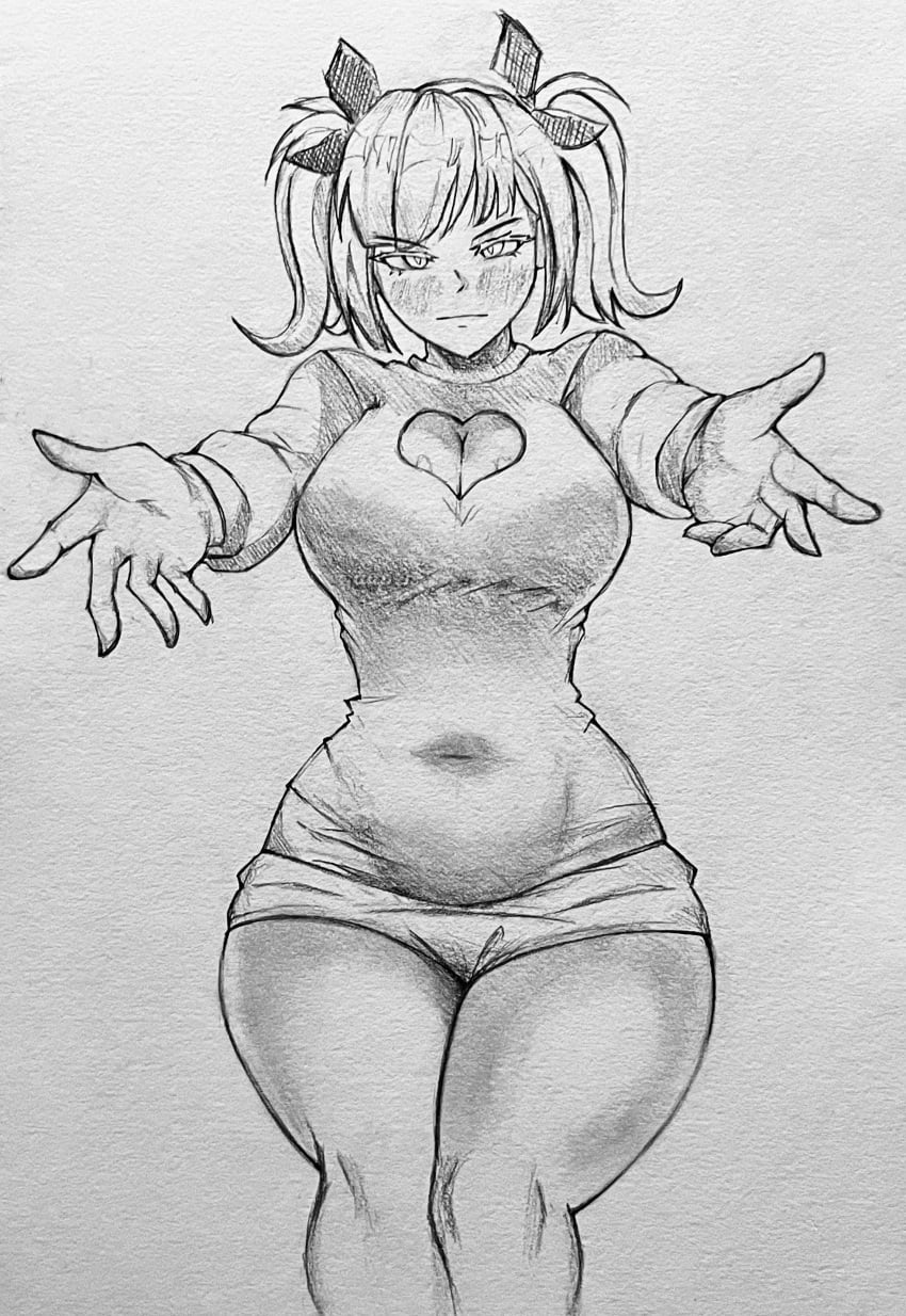 1girls aapendooors annoyed bangs big_breasts blush blushing boob_window cleavage come_here embarrassed female female_only hair_ribbon heart_cutout j_(murder_drones) murder_drones navel outstretched_arms pigtails sitting sweater thick_thighs thin_waist tight_clothing wide_hips