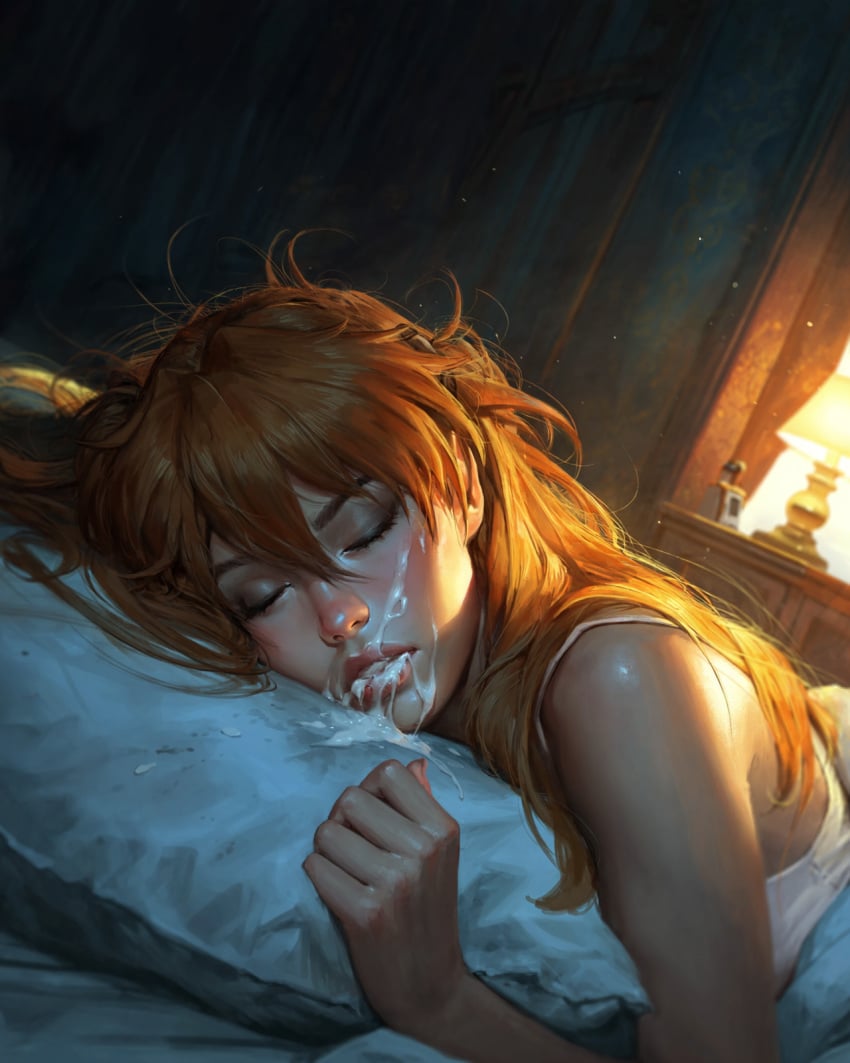 ai ai-created ai_art ai_assisted ai_generated bed bedroom cum cum_from_mouth cum_in_mouth cum_on_face face_focus female female_focus female_only ginger_female ginger_hair leaking_cum pillow red_hair sleeping solo solo_female
