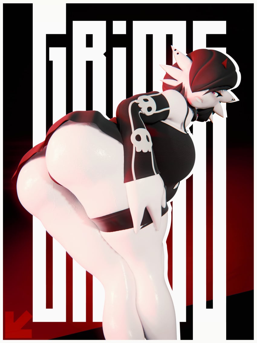 1girl 3d 3d_art 3d_render buttocks clothing coel3d detached_sleeves explicit female from_behind gardevoir garter goth goth_clothing grime_(coel3d) highres huge_ass large_ass lizard_girl logo looking_at_viewer looking_back monster_girl original_character pokemon reptile_girl skirt skull_print sleeves solo text thigh_strap visiuun white_border