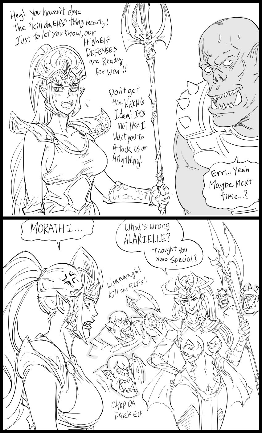 2girls 4boys alarielle_the_radiant bb_(baalbuddy) big_breasts comic dark_elf dialogue druchii elf elf_ears elf_female english_text female green_skin high_elf_(warhammer) male male/female monochrome morathi multiple_girls orc orc_male ork speech_bubble tagme text text_bubble tsundere two_panel_image very_high_resolution waaagh warhammer_(franchise) warhammer_fantasy white_background