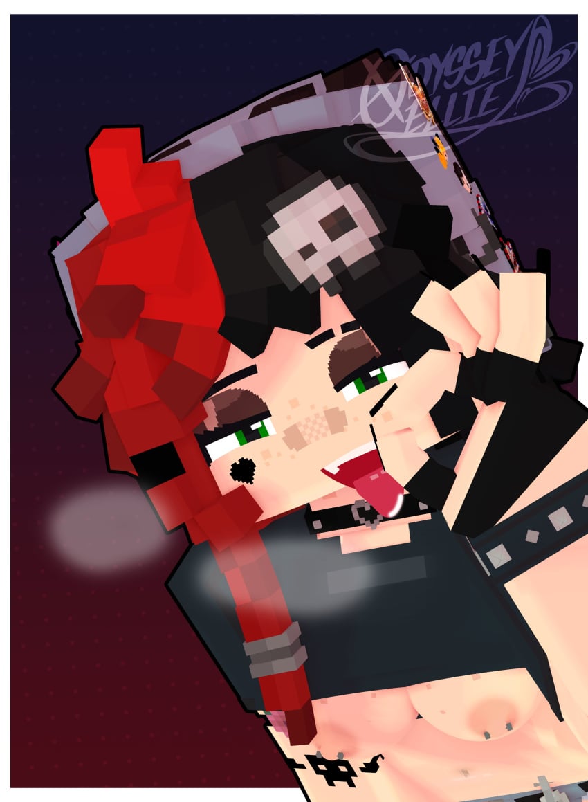 1female 1girls 2026 3d areola areolae bandaid_on_face black_nail_polish black_nails boobs bracelet breasts breasts_out choker colored_nails ellie_walls_(odysseyellie) exposed_breasts fellatio_gesture female female_only fingerless_gloves freckles freckles_on_face gesture gesturing_at_viewer glistening green_eyes hair_ornament half-closed_eyes handwear hat headwear heart_tattoo light-skinned_female light_skin looking_at_viewer makeup mine-imator minecraft mojang mouth_open nail_polish narrowed_eyes neckwear nipple_piercing nipples odysseyellie painted_nails pierced_nipples piercing piercings shirt_up simple_background skull_hair_ornament solo solo_female tattoo tattoo_on_arm tattoo_on_face tattooed_arm tattoos tits tongue tongue_out two-tone_hair white_border